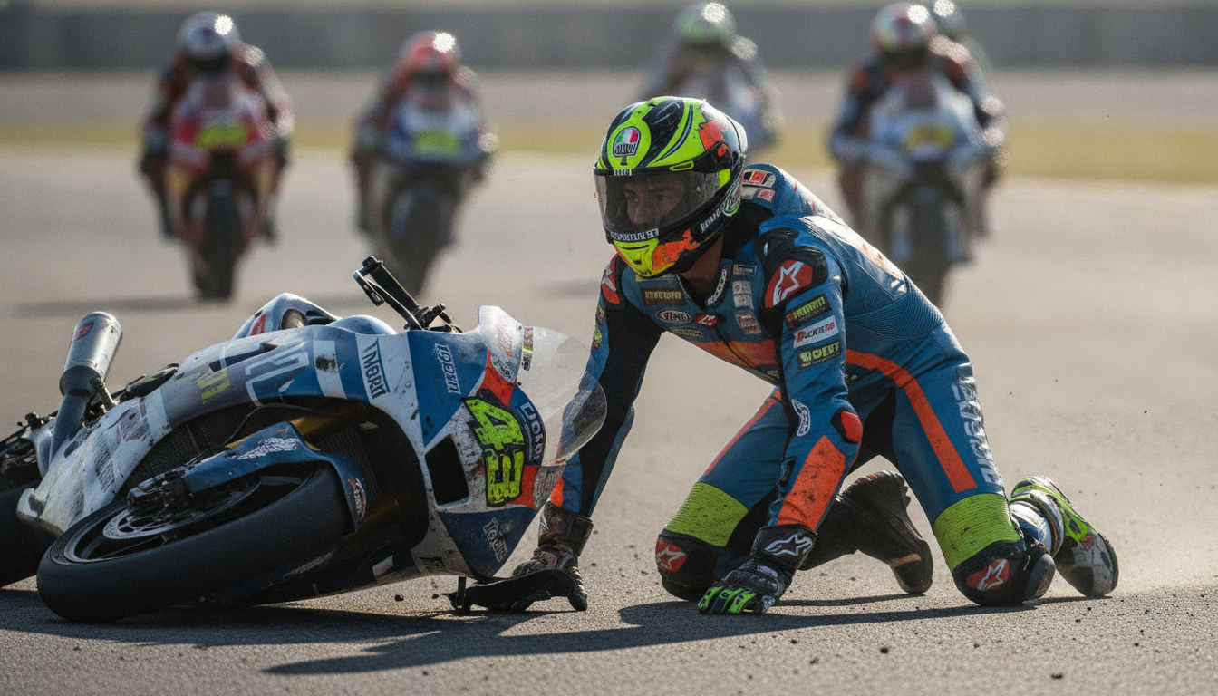 découvrez l'incroyable détermination d'un pilote moto3 qui, après un choc spectaculaire, se relève et repart en piste pour continuer la course avec courage et ténacité.