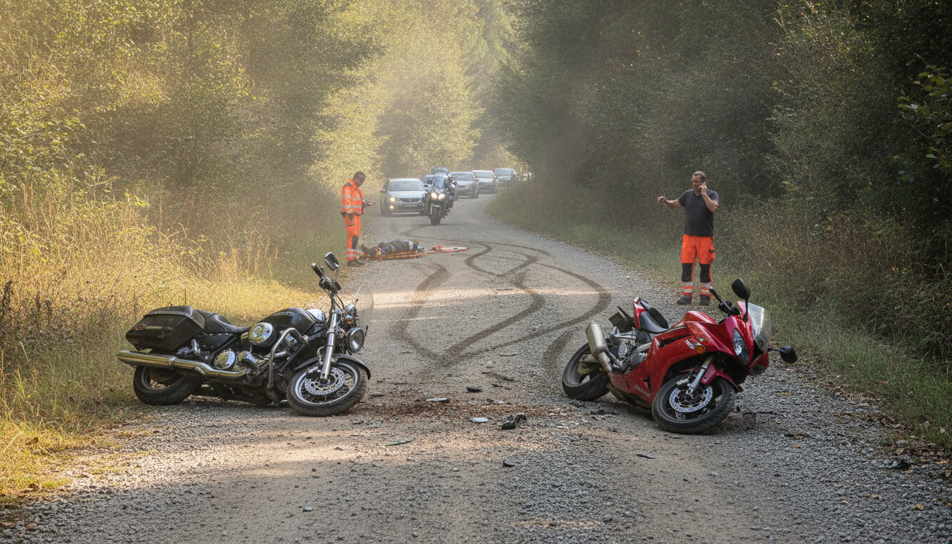 un accident impliquant deux motos à la gravelle entraîne une réduction de la circulation à une seule voie, provoquant des perturbations pour les automobilistes.