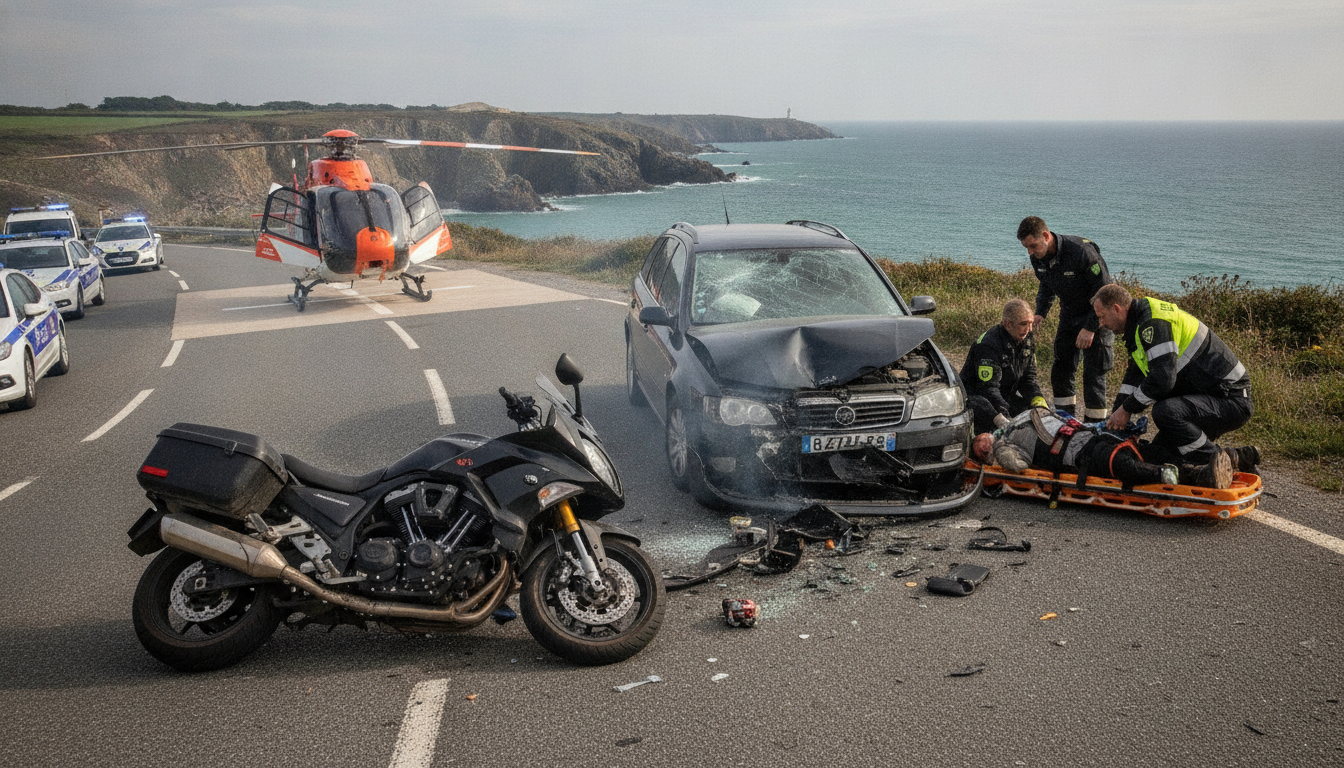 un grave accident entre une moto et une voiture dans les côtes-d'armor fait deux blessés évacués en hélicoptère. découvrez les détails de cet événement spectaculaire.