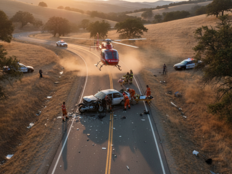 un accident spectaculaire dans les côtes-d'armor implique une collision entre une moto et une voiture, causant deux blessés graves évacués en hélicoptère.