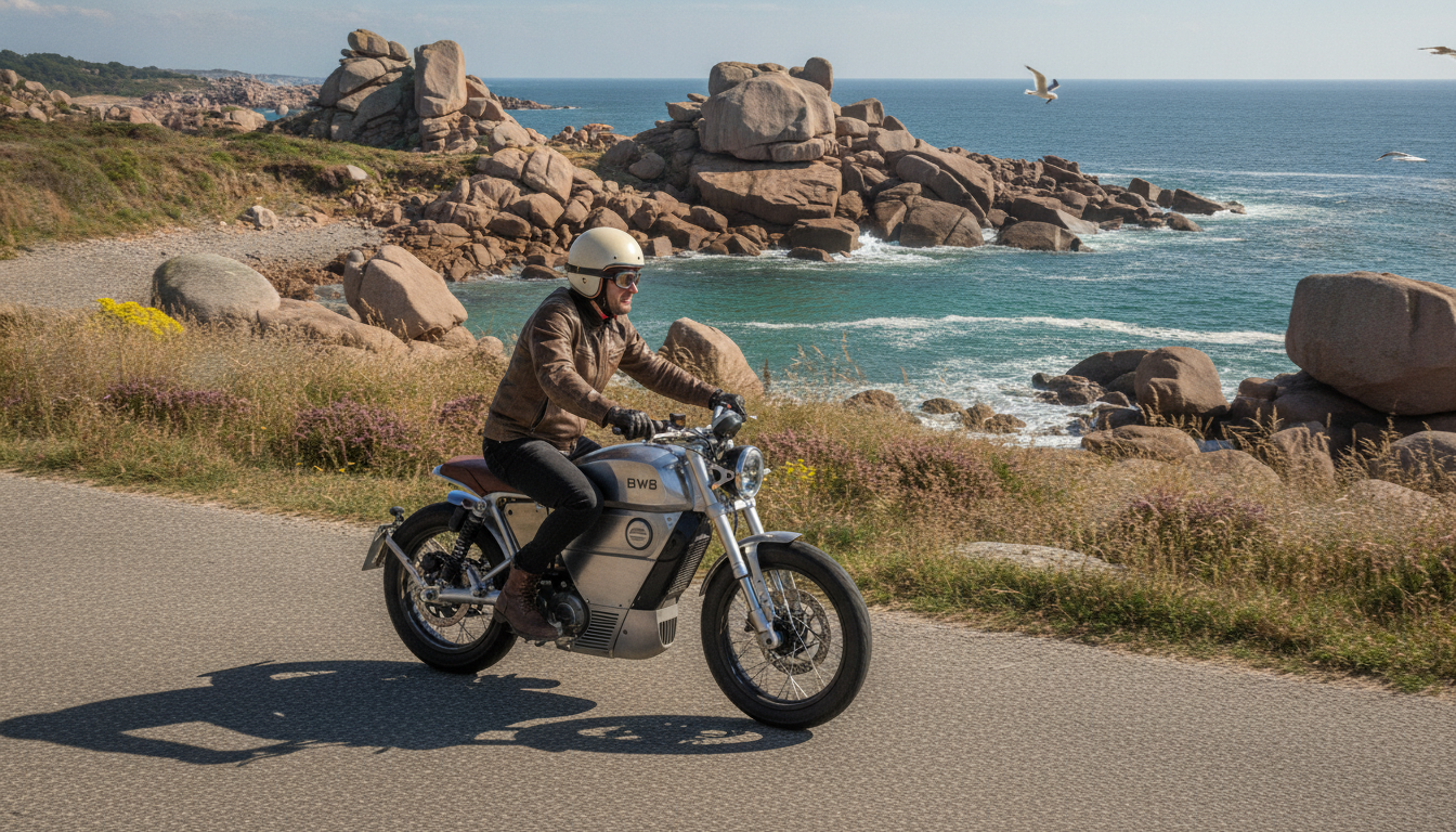 découvrez la bw8 heritage en pleine aventure sur la magnifique côte de granit rose. explorez cette région unique à moto électrique pour une expérience écologique et inoubliable, alliant plaisir et découverte.