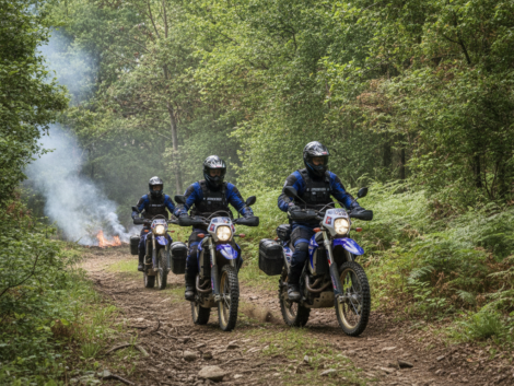 les gendarmes patrouillent en motos tout-terrain sur les sentiers pour prévenir et combattre efficacement les incendies, assurant ainsi la sécurité des zones rurales.