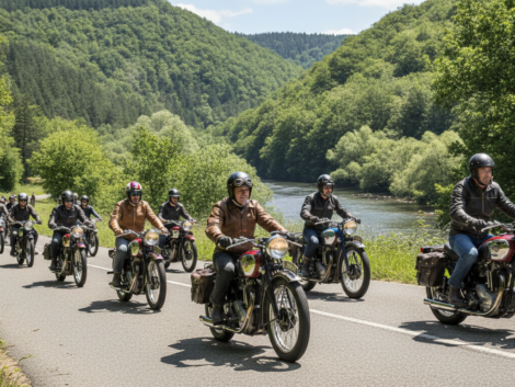 un cortège passionné de motos de collection traverse la pittoresque vallée de l’isle, offrant un spectacle unique aux amateurs de véhicules vintage.