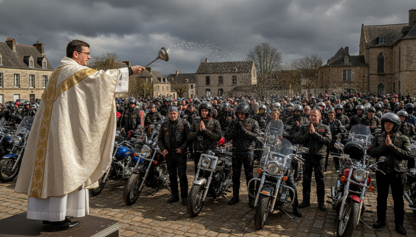 à saint-lô, un prêtre bénit 200 motards lors d'un rassemblement marqué par l'émotion, où la fraternité et la prudence sont essentielles face aux risques soudains.