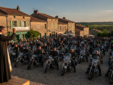 à saint-lô, un prêtre bénit 200 motards lors d'un rassemblement important, soulignant la fragilité de la vie et l'importance de la prudence sur la route.