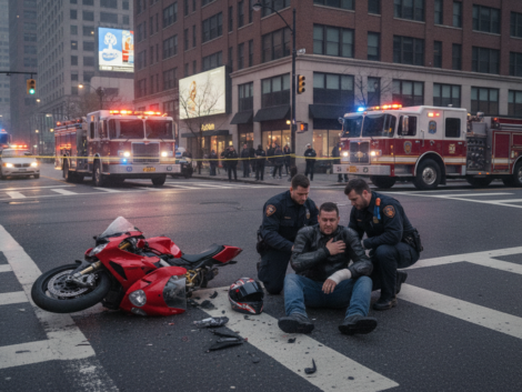 découvrez les détails d'une collision entre un motard et une voiture entraînant un traumatisme thoracique et une blessure au poignet, et les mesures de sécurité à adopter.
