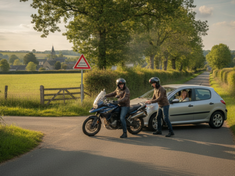 une collision surprenante entre une moto et une voiture à un croisement dans le maine-et-loire, où un contact apparemment doux entraîne des conséquences inattendues.