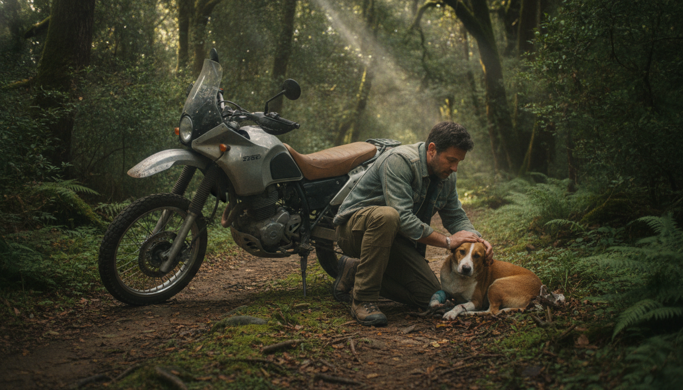 découvrez l'émouvante vidéo où un homme quitte sa moto en pleine forêt pour venir en aide à un chien blessé. un acte de compassion et de solidarité à ne pas manquer.