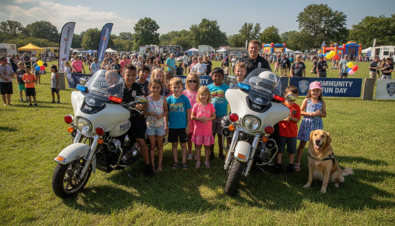 découvrez un moment convivial en plein air où les motos et les chiens attirent d'abord les enfants, avant de favoriser des échanges chaleureux avec les parents.