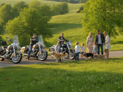 découvrez comment les motos et les chiens fascinent d'abord les enfants avant de créer des moments d'échange conviviaux en famille, pour des instants partagés en plein air.