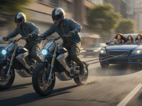 deux hommes en moto électrique attaquent une voiture avec quatre jeunes femmes à bord, une scène intense et dramatique.