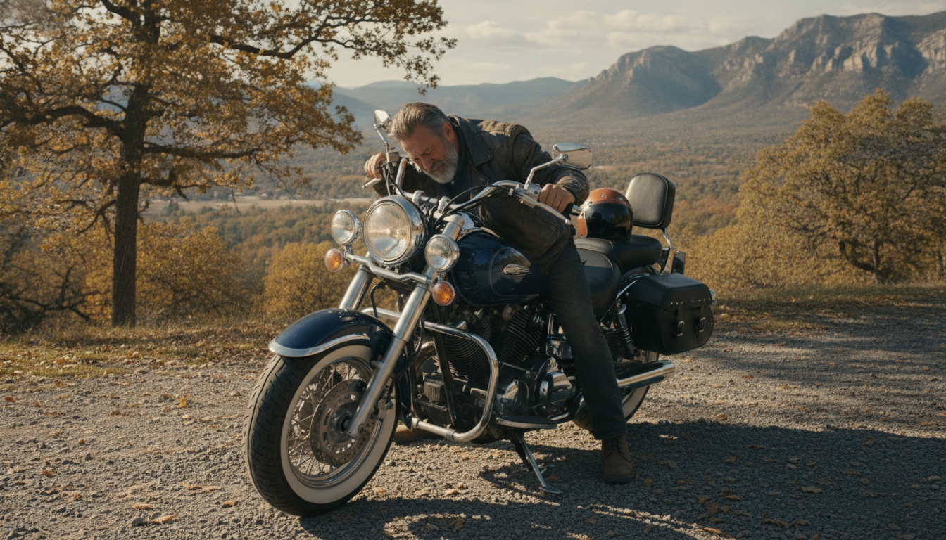 après quinze ans d'absence, il retrouve avec émotion sa yamaha 1600 wild star, revivant les sensations fortes et les souvenirs des 'jambes en tremblements'.
